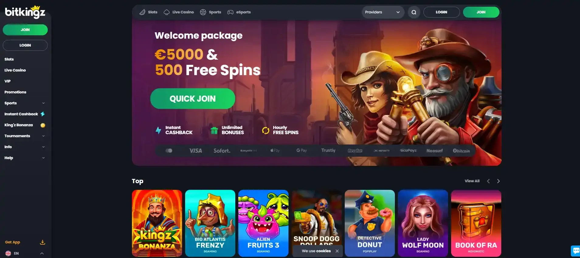 BitKingz homepage with its casino navigation and retro arcade-style interface