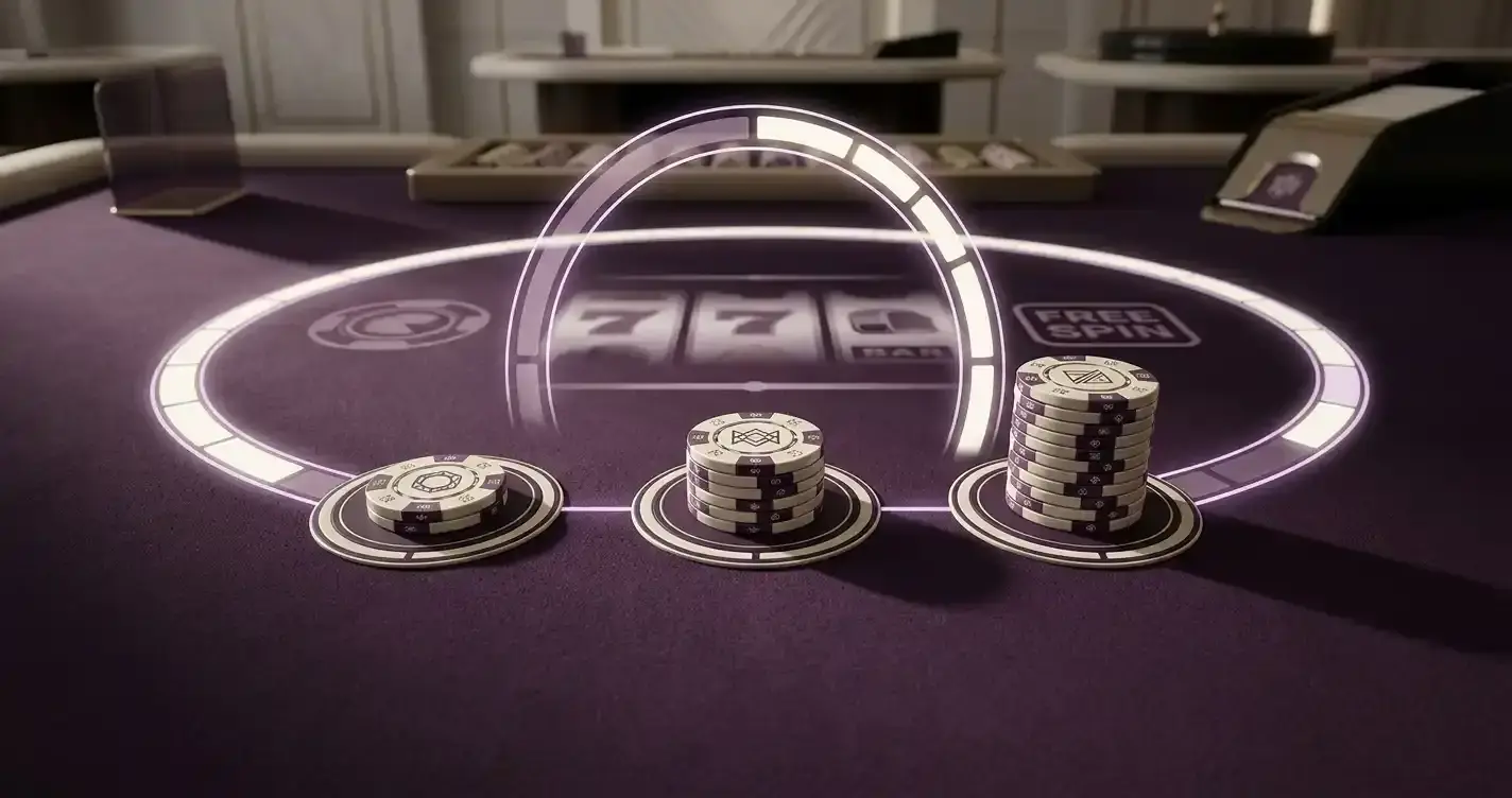 Casino chips moving through three stages toward a wagering progress marker