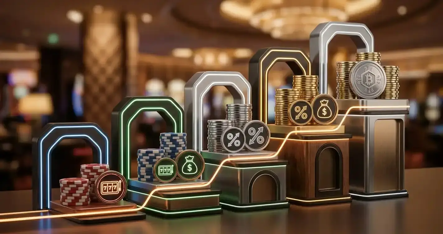 Casino chips moving upward through tier markers toward cashback rewards