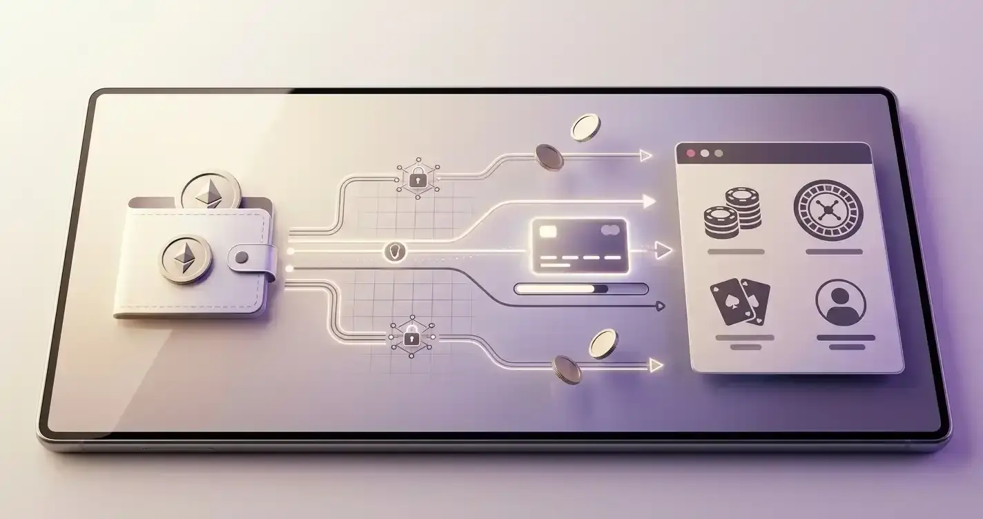 Crypto wallet connected to payment routes leading into a casino account