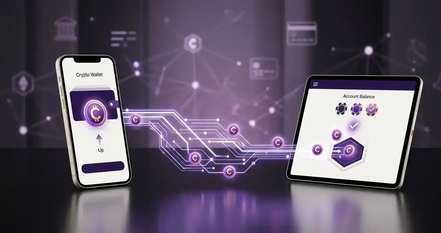Crypto wallet sending funds through a payment route to a casino balance