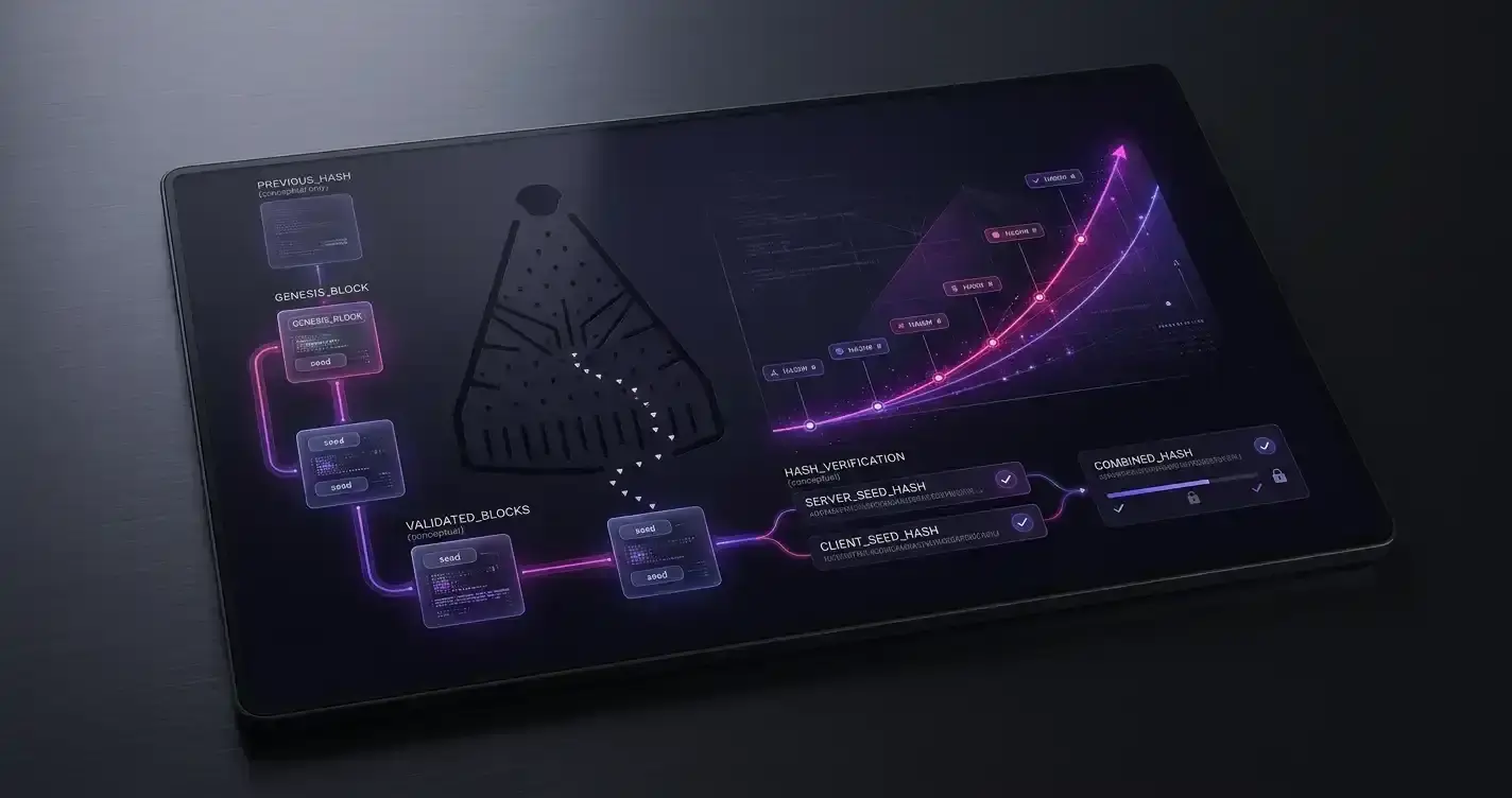 Hash blocks, game symbols and linked verification steps on a dark game screen