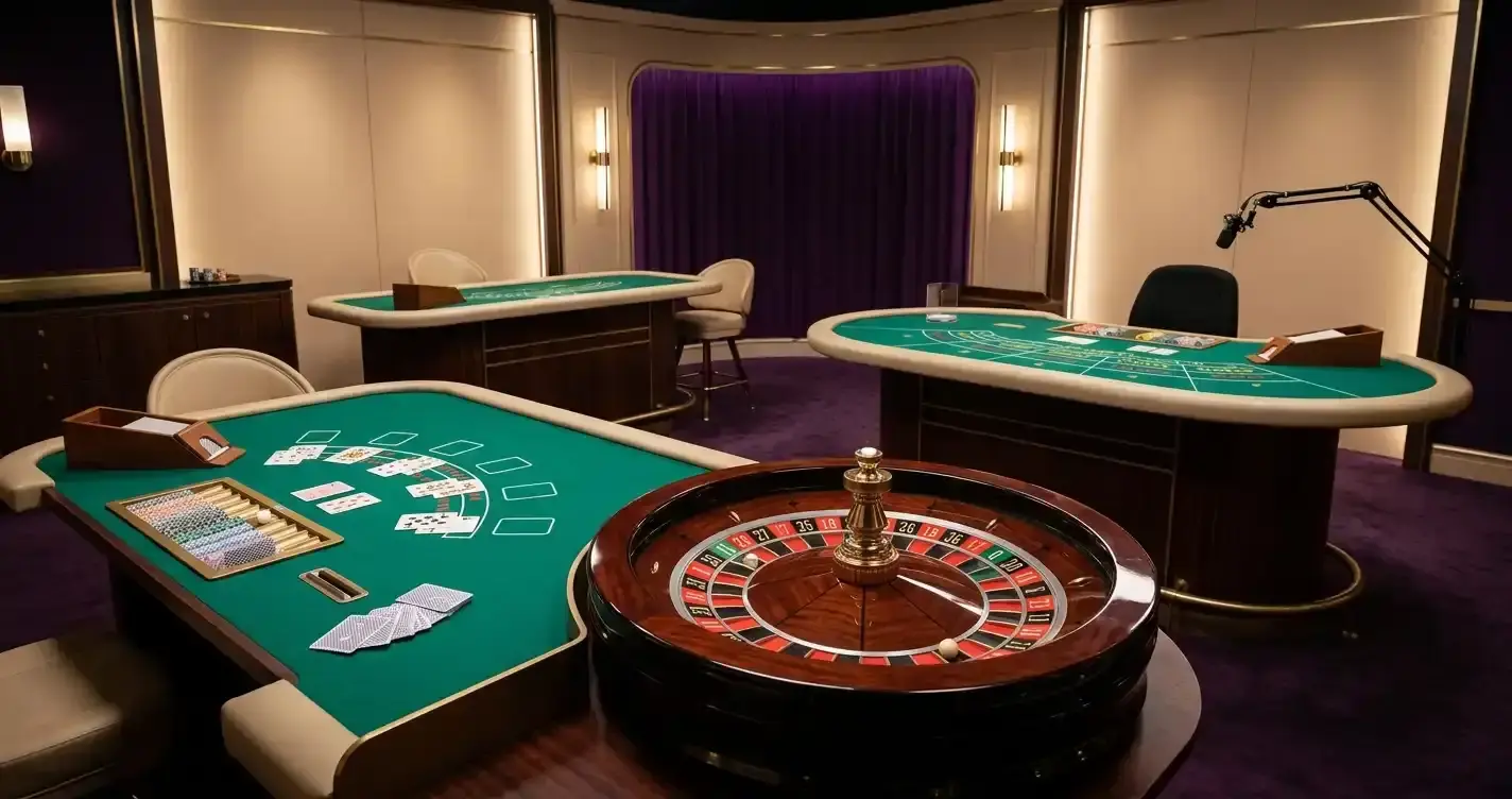 Roulette wheel, blackjack cards and baccarat table layouts in a live casino room