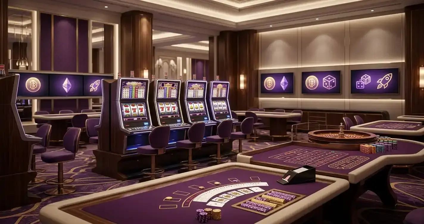 Slot reels, card tables and crypto game symbols arranged across a casino game library